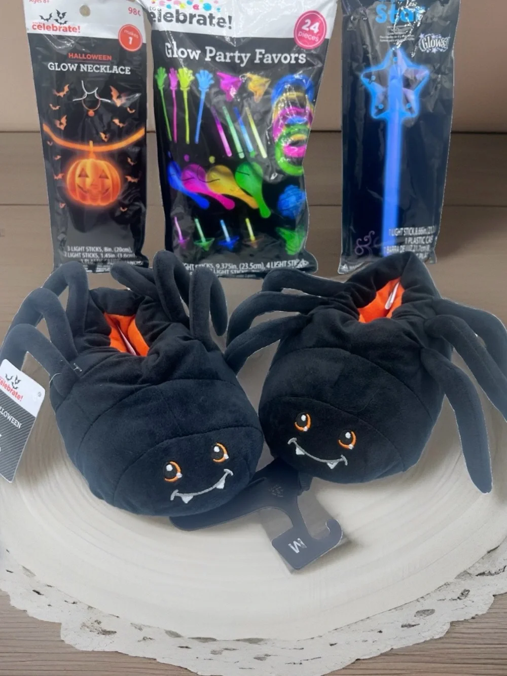 Celebrate Halloween Kids Black Spider Critter Slippers M (11-12) & Glow Toy Lot